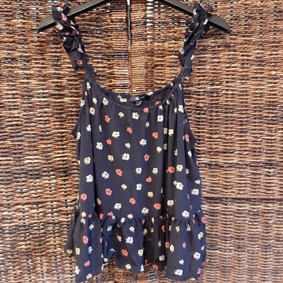 Madewell Silk Women's 10 Ruffle-Strap Cami Tank Top in Confetti Floral Navy Blue - Picture 1 of 7